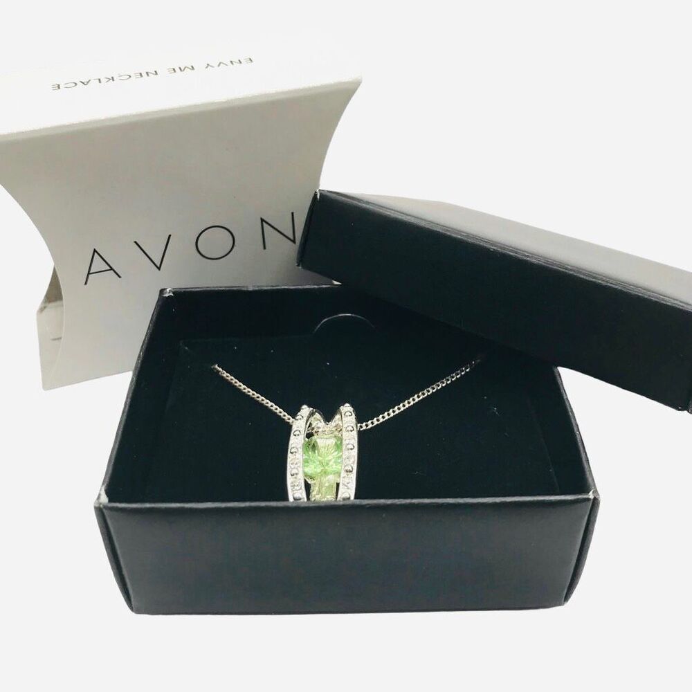 Retro Avon Silver Chain "Envy Me" Green Crystal Pendant Necklace